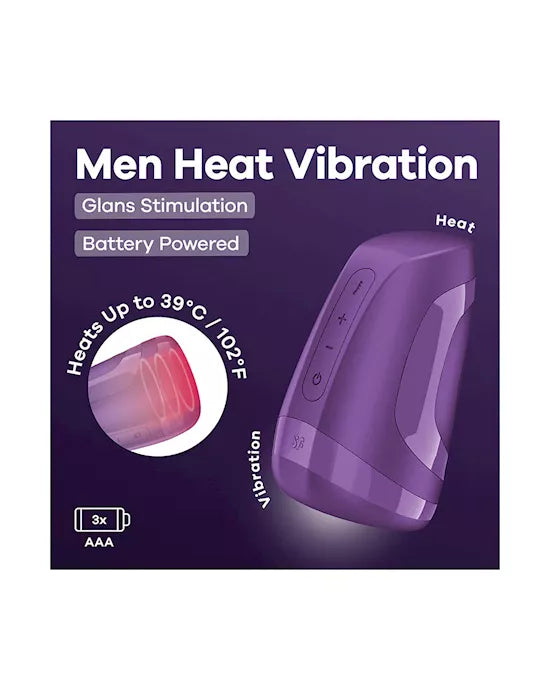 Satisfyer Men Heat Vibration a pilas - vista general con caja