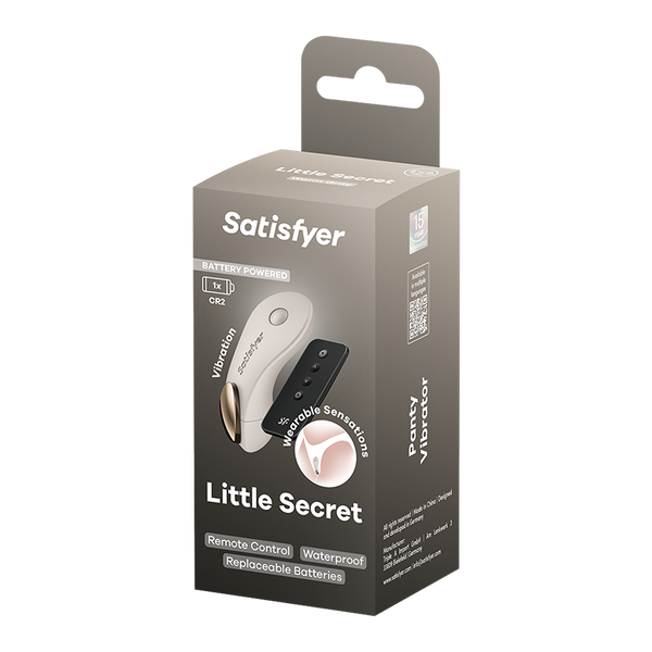 Satisfyer Little Secret a pilas - empaque con pila CR2 y control remoto