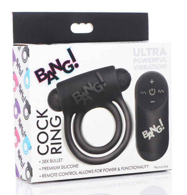 Bang! Silicone Rechargeable Cock Ring and Bullet with Remote Control - Black