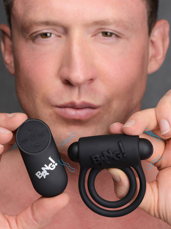 Bang! Silicone Rechargeable Cock Ring and Bullet with Remote Control - Black